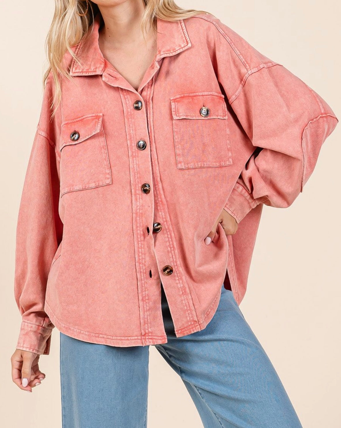 Coral Washed Oversized Button up